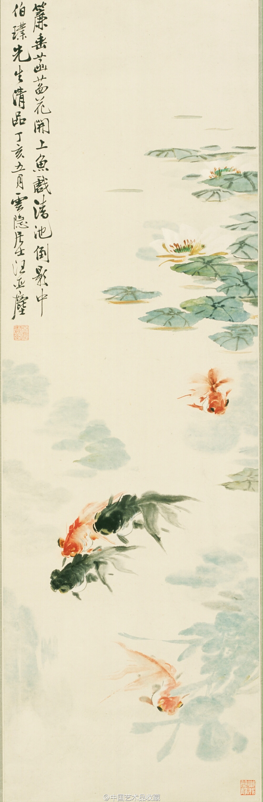 汪亚尘《睡莲金鱼图】立轴,纸本设色,110×35cm.