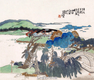 【 清 任伯年 《循陔草堂图》 】轴，纸本设色，27.5×32cm，1870年作。 任伯年传世作品中，山水极少。早年多习唐宋青绿，仿过唐小李将军李昭道的青绿山水。事实上，此类小李将军面貌的镂金错彩的青绿山水作品，惟此《…