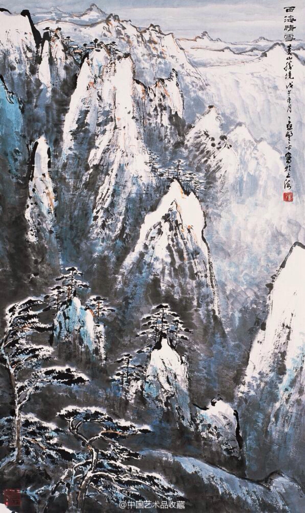 【 应野平 《山水图》 】 应野平（1910—1990），原名端俊，又名野苹，浙江宁海县人，家学渊源。他的山水画早期圆厚秀润，气清骨雅，晚年则老辣拙朴，雄浑刚健，气度宽博。他以敏锐的艺术触角，紧贴时代脉搏，彰显时代精神，描绘建设成就，创作了数量众多、题材丰富、形式新颖的主题性作品。