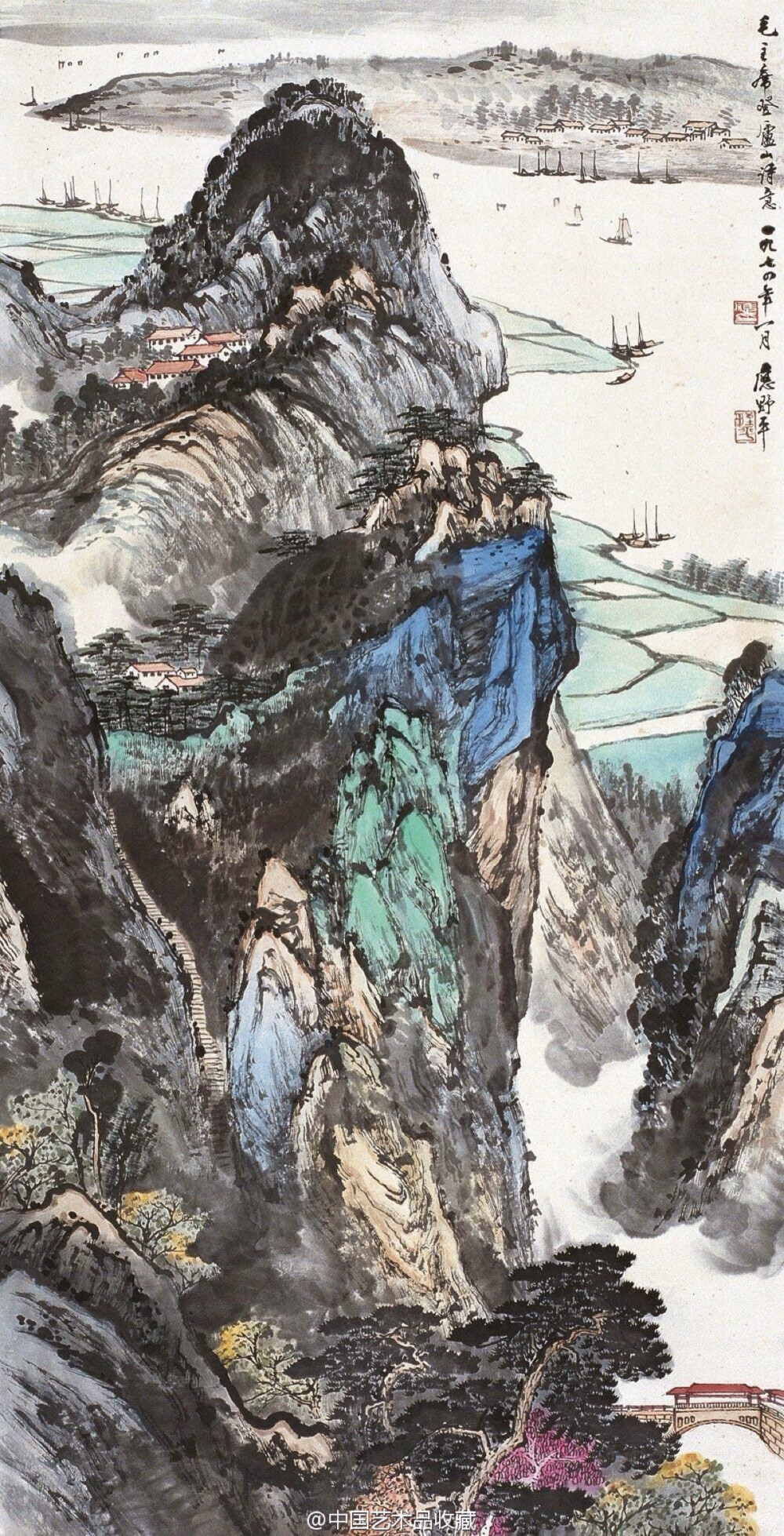 【 应野平 《山水图》 】 应野平（1910—1990），原名端俊，又名野苹，浙江宁海县人，家学渊源。他的山水画早期圆厚秀润，气清骨雅，晚年则老辣拙朴，雄浑刚健，气度宽博。他以敏锐的艺术触角，紧贴时代脉搏，彰显时代精神，描绘建设成就，创作了数量众多、题材丰富、形式新颖的主题性作品。