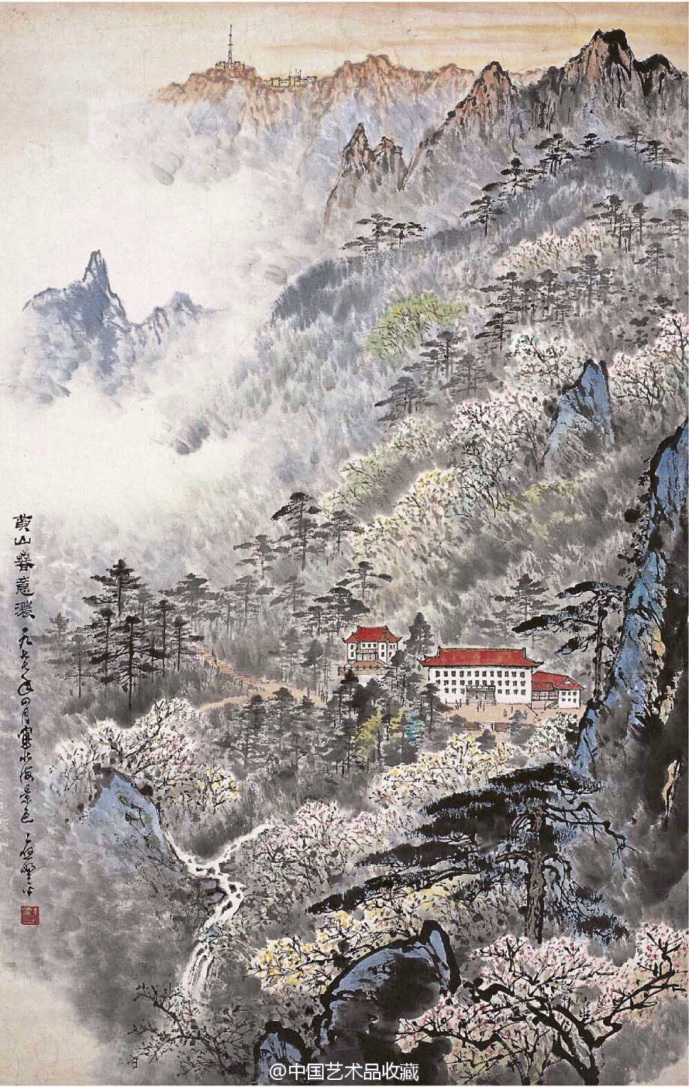 【 应野平 《山水图》 】 应野平（1910—1990），原名端俊，又名野苹，浙江宁海县人，家学渊源。他的山水画早期圆厚秀润，气清骨雅，晚年则老辣拙朴，雄浑刚健，气度宽博。他以敏锐的艺术触角，紧贴时代脉搏，彰显时代精神，描绘建设成就，创作了数量众多、题材丰富、形式新颖的主题性作品。