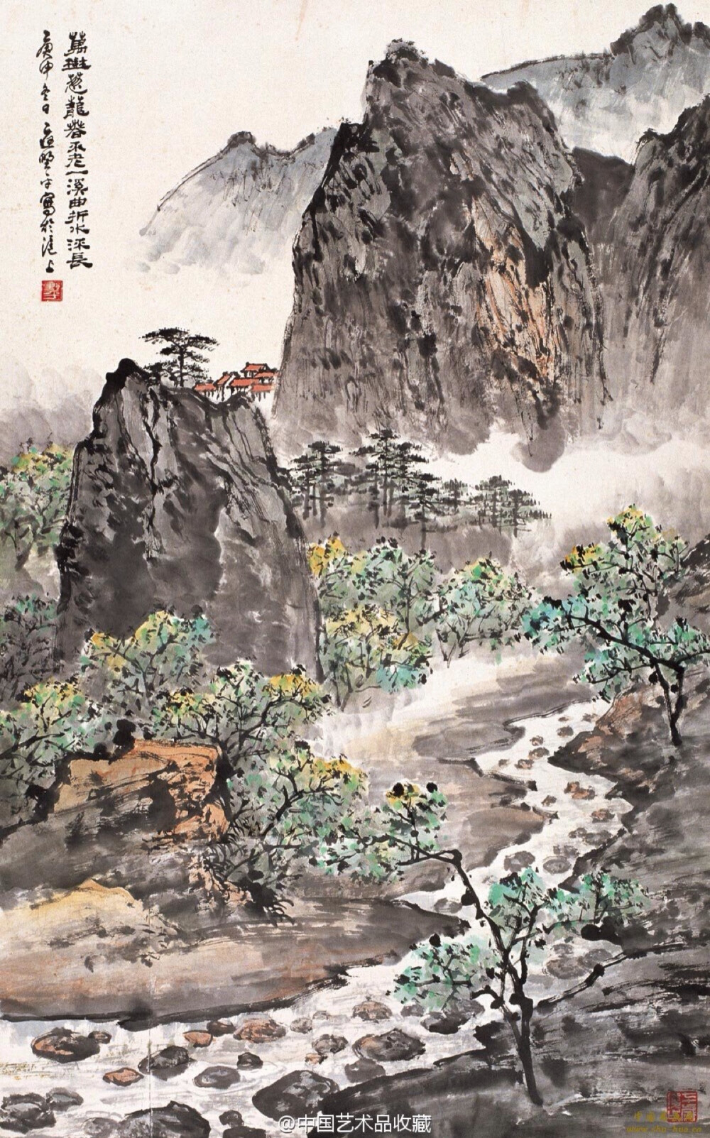 【 应野平 《山水图》 】 应野平（1910—1990），原名端俊，又名野苹，浙江宁海县人，家学渊源。他的山水画早期圆厚秀润，气清骨雅，晚年则老辣拙朴，雄浑刚健，气度宽博。他以敏锐的艺术触角，紧贴时代脉搏，彰显时代精神，描绘建设成就，创作了数量众多、题材丰富、形式新颖的主题性作品。