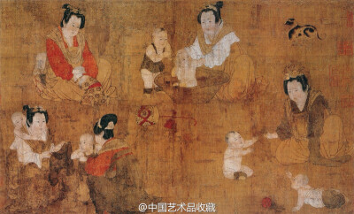 【 唐 周昉 《戏婴图》 】绢本设色，30.8×48.5cm，美国大都会美术馆藏。 图中以小孩的生活、游戏为描绘对象，表现孩童的天真、稚拙、活泼、可爱，画面生动、有趣，寄托了人们对于美好生活——“多子多福”的向往。画…