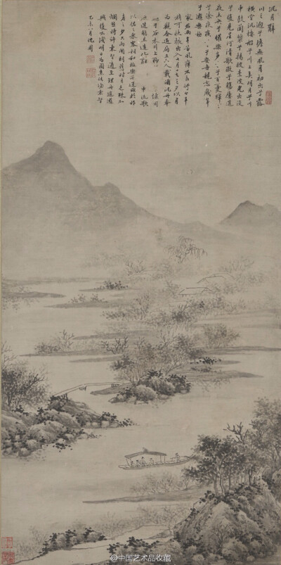 【 明 沈周 《水乡泛舟图》 】轴，纸本，115×57cm，昆山昆仑堂美术馆藏。 图画月夜泛舟川上，景色平远旷荡，月色朦胧，呈现出水天一色的微茫世界。线条多秃笔而成，用笔洗练，舒淡自然，笔力沉着而苍健挺拙，墨色清…