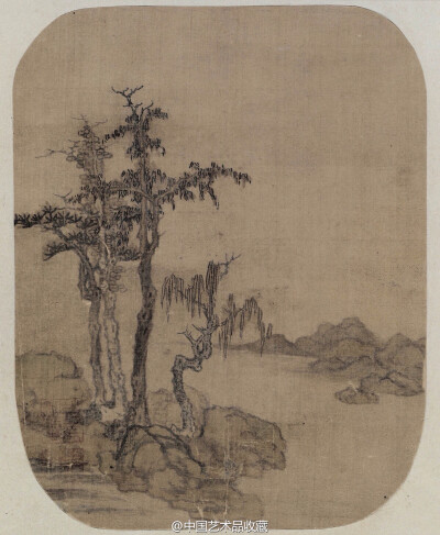 【 元 赵元 《树石图》】纨扇，绢本设色，25×19.7cm，北京故宫博物院藏。 此图画古树四株，远处平溪小山。无款，左下方钤“赵元私印”和“善长”二印。不见著录。赵元的画，传世的极少，此件堪称宝中之宝。赵元（？…