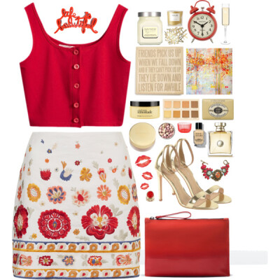 A fashion look from April 2015 featuring red shirt, a line skirt and gold shoes. Browse and shop related looks.