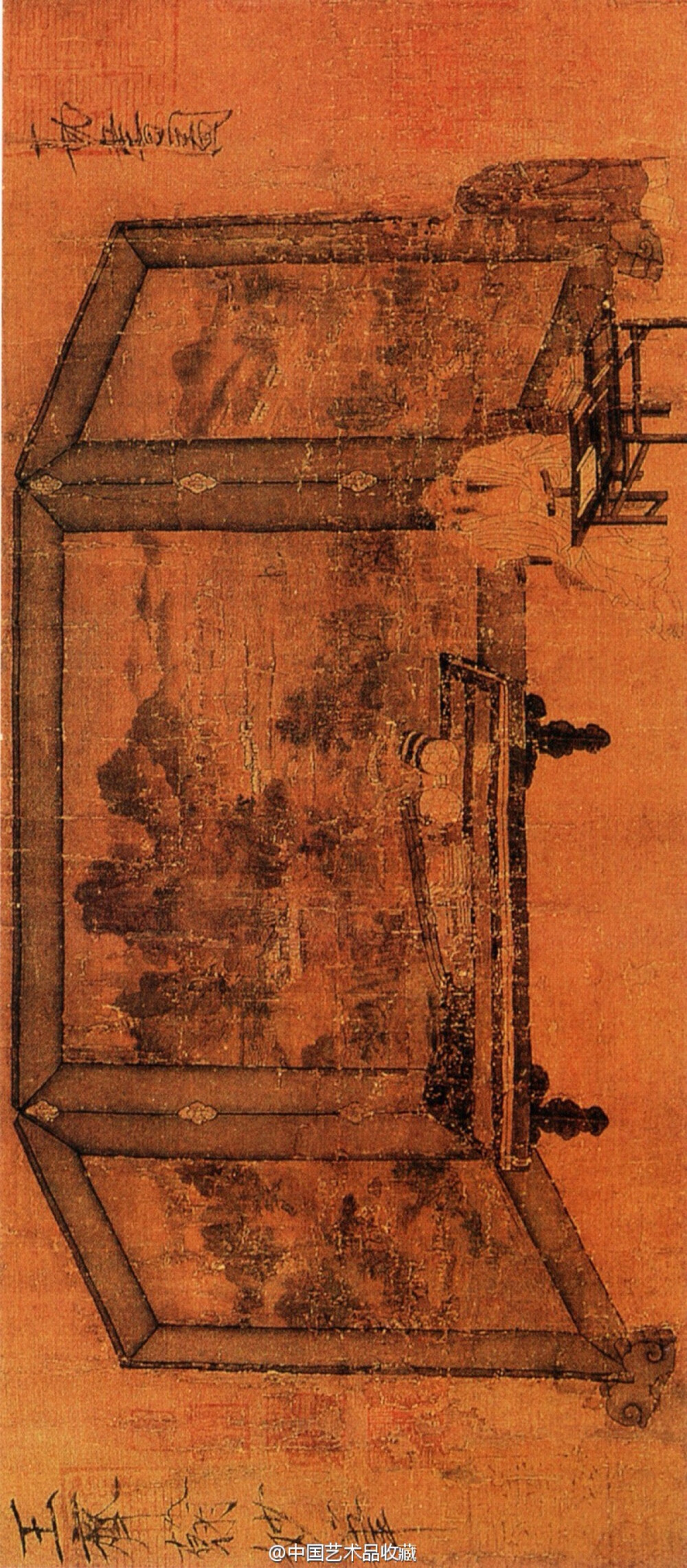 【 五代南唐 王齐翰 《勘书图》 】绢本设色，28.4×65.7cm，南京大学藏。又名《挑耳图》，卷上有宋徽宗赵佶书&amp;quot;勘书图&amp;quot;、&amp;quot;王齐翰妙笔&amp;quot;。画中文士白衣长髯，袒胸赤足，一手扶椅，一手挑耳，微闭左目，复翘脚趾，状甚惬意。其身后屏风前设长案，置古箱卷册等物，身前为一画几，陈列笔砚简编等物。