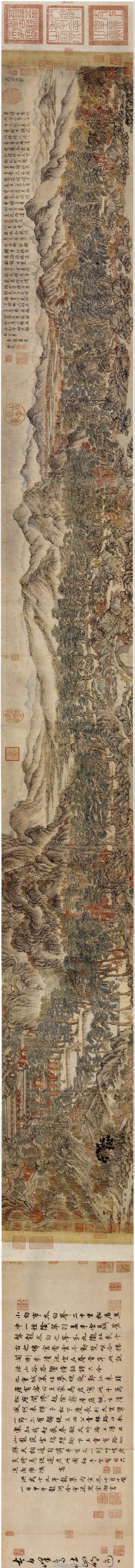 【 元 王蒙 《太白山图》 】卷，纸本设色，27×238cm，辽宁省博物馆藏。绘浙江鄞县太白山天童寺二十里松林及周围的景物。苍松丹槲，枝繁叶茂，溪流拱桥，曲径通幽，寺宇宏伟，林荫夹径。骑马、步行、执杖、挑担的僧侣…