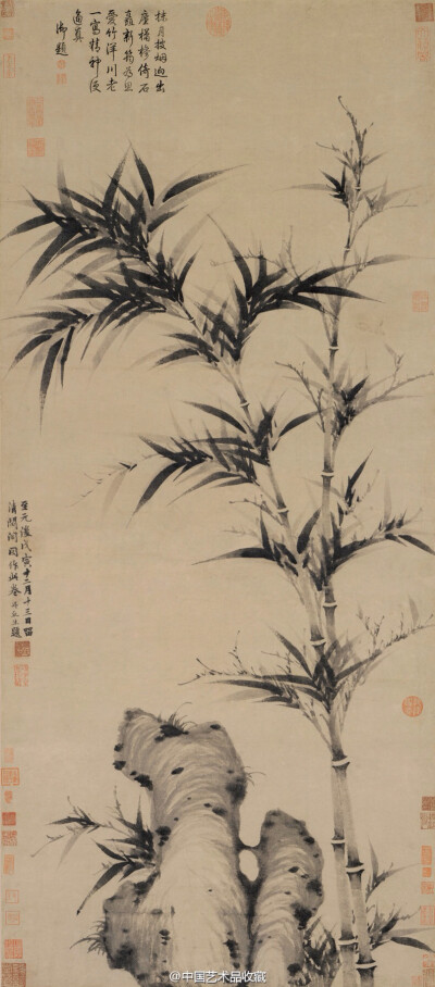 【 元 柯九思 《清閟阁墨竹图》】纸本，132.8×58.5cm，北京故宫藏。 画法仿文同，两竹之间密中见疏，疏中夹密，挺拔圆浑之感宛如篆书，竹节两端再复垂墨，不勾节却连属自然。石用董、巨一派披麻皴法，具有体积感和质…