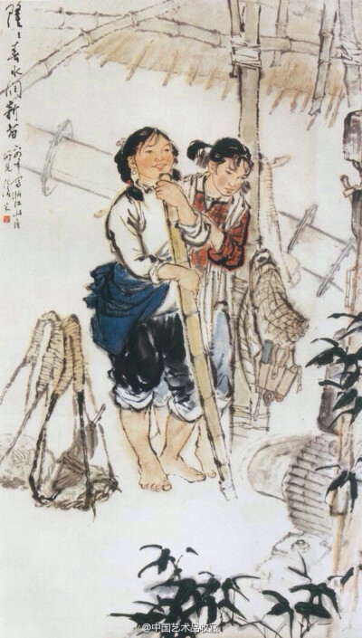 【 周沧米 《隆隆春水育新苗》 】纸本设色，96×68cm，1964年作，中国美术馆藏。正值春季的江南，人们用电力发动机引水上山灌溉良田。两个插秧的小姑娘在旁边观看，她们的眼里充满着无限的新奇与憧憬?；彝ü饬礁觥? data-iid=