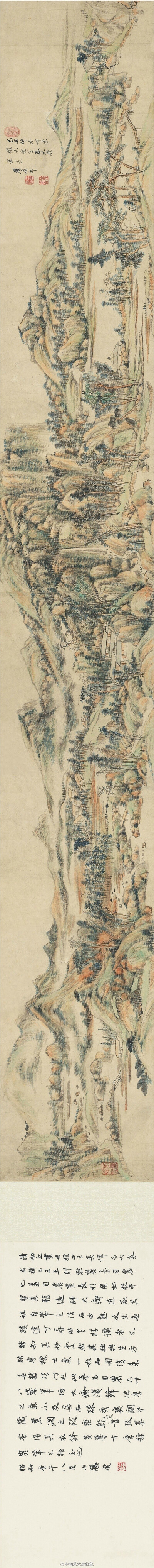 【 清 王原祁 《仿大痴富春大岭图》 】卷，纸本设色，29.5×226cm，1709年作。 王原祁晚年好以积墨法作画，层层皴擦，反复填搭，作一轴往往十日半月犹未巳，虽每称仿大痴，实得吴仲圭、王山樵之法门。此卷则以洒脱灵…