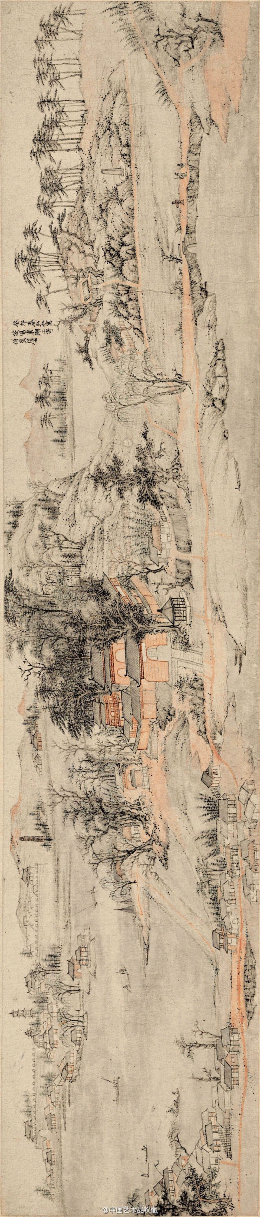 【 清 弘仁 《芝昜东湖图》】卷，纸本设色，29.7×173cm ，美国波士顿美术馆藏。 弘仁一生未有功名，也较少世俗的应酬。他因心灰意懒而出家，心静如止水，在空寂与幽静中专心于艺术创作，将内心的孤独、无助与寂寥通过对真山真水的感悟，以绘画这种特有的语言诉诸纸上。