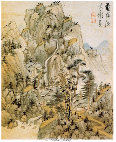 【 明 蓝瑛 《仿古山水册》 】册页（共十二开），绢本设色，32.1×26.4cm×12，北京故宫博物院藏。此册作于明崇祯八年（1635年），此时作者50岁，技法、风格都已成熟。书题虽为仿古山水，然均见田叔风格。蓝瑛绘画特点…