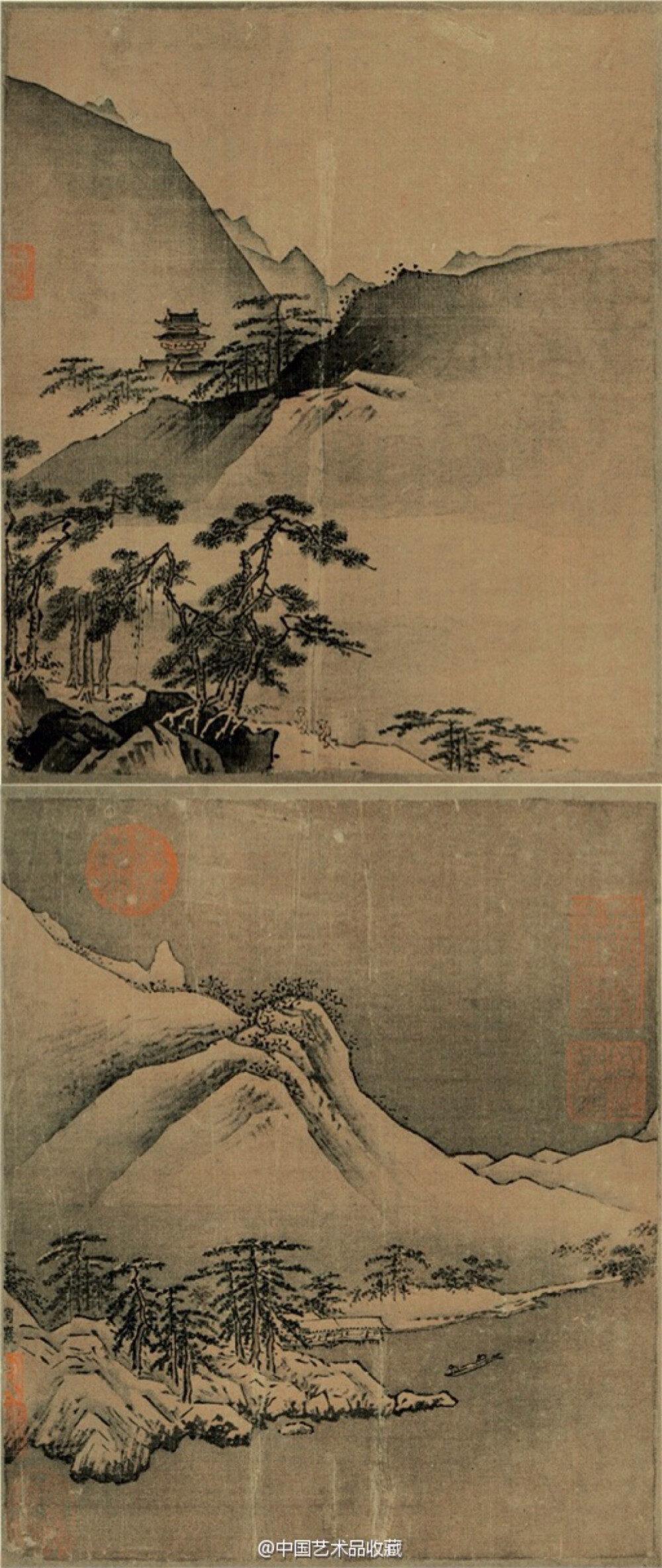【 南宋 叶肖严 《西湖十景图册》 】册页，绢本，墨笔，淡设色，23.9×20.2cm×10，台北故宫博物院藏。其风格似马远而略拘谨，山石多用湿笔轻染，石顶稍加小斧劈皴，与夏珪的大笔拖染、磅礴挥洒不同。该图传入清宫，乾隆帝为其题诗，遂成诗画合一的图册。为现存最为完整的宋人绘“西湖十景”图。