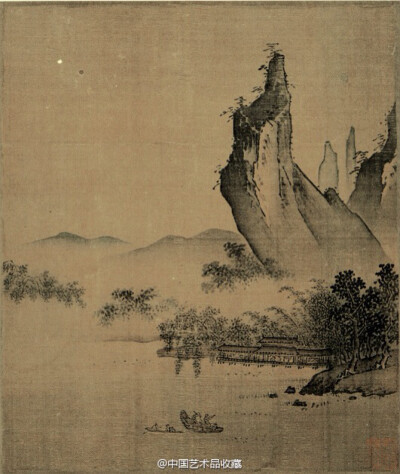 【 南宋 叶肖严 《西湖十景图册》 】册页，绢本，墨笔，淡设色，23.9×20.2cm×10，台北故宫博物院藏。其风格似马远而略拘谨，山石多用湿笔轻染，石顶稍加小斧劈皴，与夏珪的大笔拖染、磅礴挥洒不同。该图传入清宫，乾…