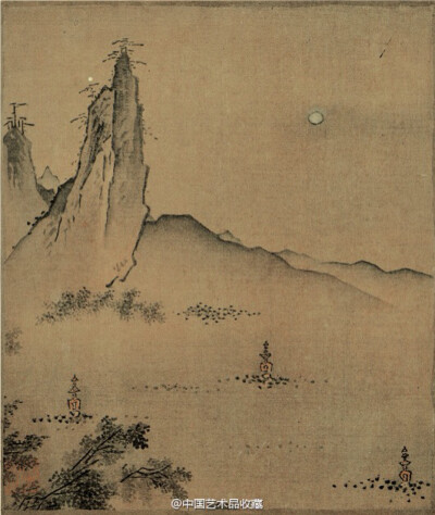 【 南宋 叶肖严 《西湖十景图册》 】册页，绢本，墨笔，淡设色，23.9×20.2cm×10，台北故宫博物院藏。其风格似马远而略拘谨，山石多用湿笔轻染，石顶稍加小斧劈皴，与夏珪的大笔拖染、磅礴挥洒不同。该图传入清宫，乾…