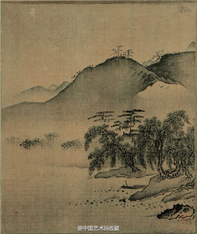 【 南宋 叶肖严 《西湖十景图册》 】册页，绢本，墨笔，淡设色，23.9×20.2cm×10，台北故宫博物院藏。其风格似马远而略拘谨，山石多用湿笔轻染，石顶稍加小斧劈皴，与夏珪的大笔拖染、磅礴挥洒不同。该图传入清宫，乾…