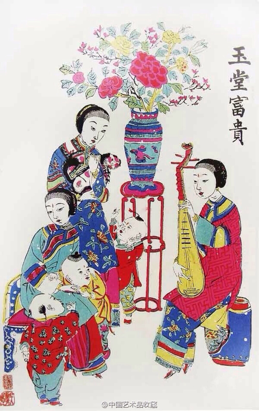 【 苏州桃花坞木刻年画 】桃花坞年画因曾集中在苏州城内桃花坞一带生产而得名，源于宋代的雕版印刷工艺，由绣像图演变而来，到明代发展成为民间艺术流派。图：玉堂富贵