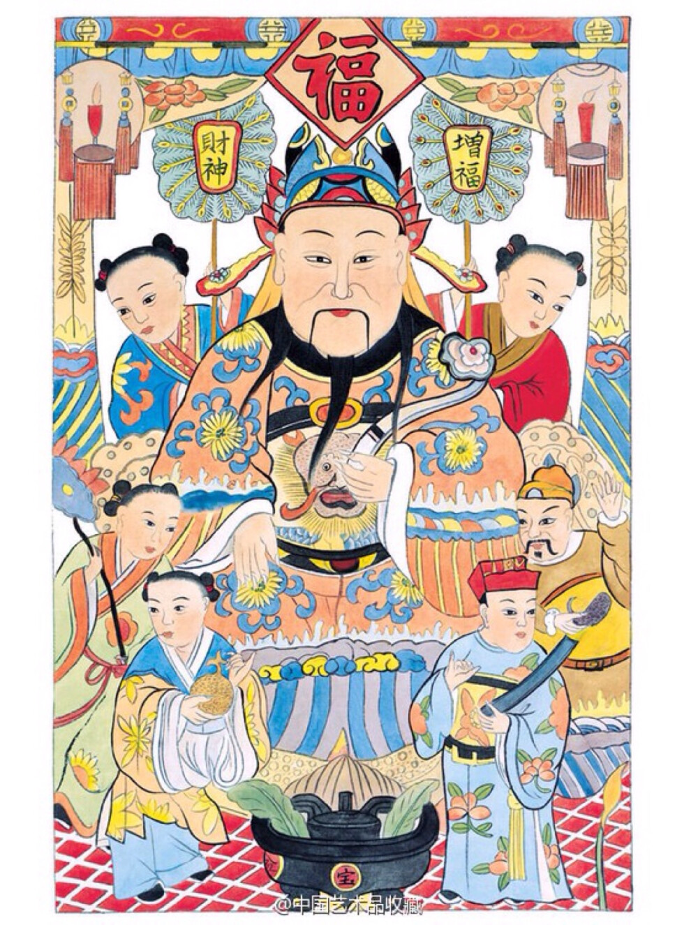 【 木版年画 《财神》】民间年画、门神，俗称“喜画”，旧时人们盛行在室内贴年画，户上贴门神，以祝愿新年吉庆，驱凶迎祥，以增添节日的喜庆气氛。四川绵竹年画、江苏桃花坞、天津杨柳青、山东潍坊杨家埠的木版年画在历史上久负盛名，被誉为中国年画四大家。传统民间年画多用木板水印制作。