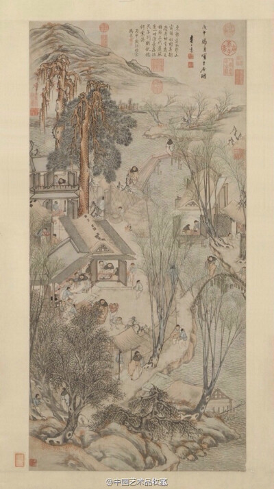 【 明 李士达 《岁朝村庆图》 】轴，纸本设色，132.9×64cm，北京故宫藏。 图画水村山郭，松屋柳溪，村中人家，长者访友宴饮，儿童燃放鞭炮，敲锣打鼓，辞旧迎新，欢庆佳节。所画山水、松柏笔墨苍劲滋润；所画人物用…