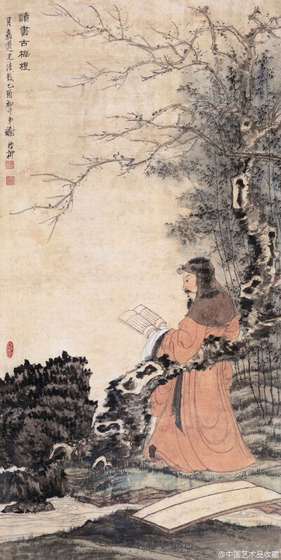 【 谢稚柳 《高士图》 】谢稚柳在专精花鸟、山水之外，亦兼画人物，与花鸟画最初师法陈老莲一样，谢稚柳的人物画亦师陈老莲，遗其质朴伟岸而特多秀逸潇洒的韵致。自谢稚柳三十二岁时应张大千之邀同去敦煌致力于壁画…