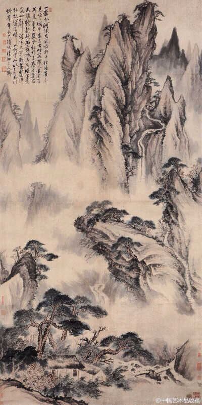 【 清 石涛 《云山秋晓图》 】轴，纸本设色，216.5×108cm。 画中景物层叠、树木茂密，墨韵润泽、笔触劲炼。山石用披麻皴，横直交错，秀灵而坚实，密集的破笔苔点，使山势更显苍莽。作者巧妙地运用虚实、黑白的均衡布…