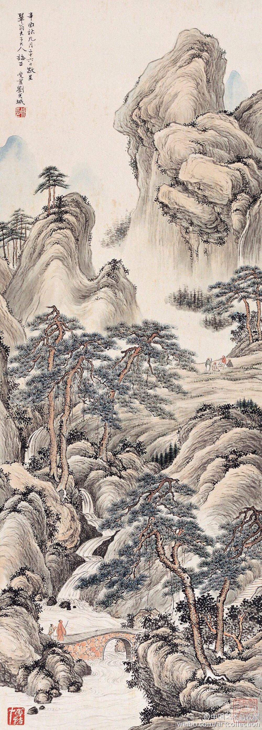 【 刘子久 《画山水》 】刘子久（1891—1975）的国画作品章法谨严，笔墨苍劲，赋色沉静。其用笔雄强稳重，源出郭熙、李唐、马远、夏皀、戴进诸家。所画山石林木茂盛苍古，盖得力于盛懋、王叔明、王石谷等人。在墨法上，刘子久兼用积墨、破墨、泼墨，浓淡干湿相得益彰，融南北二宗于一炉。