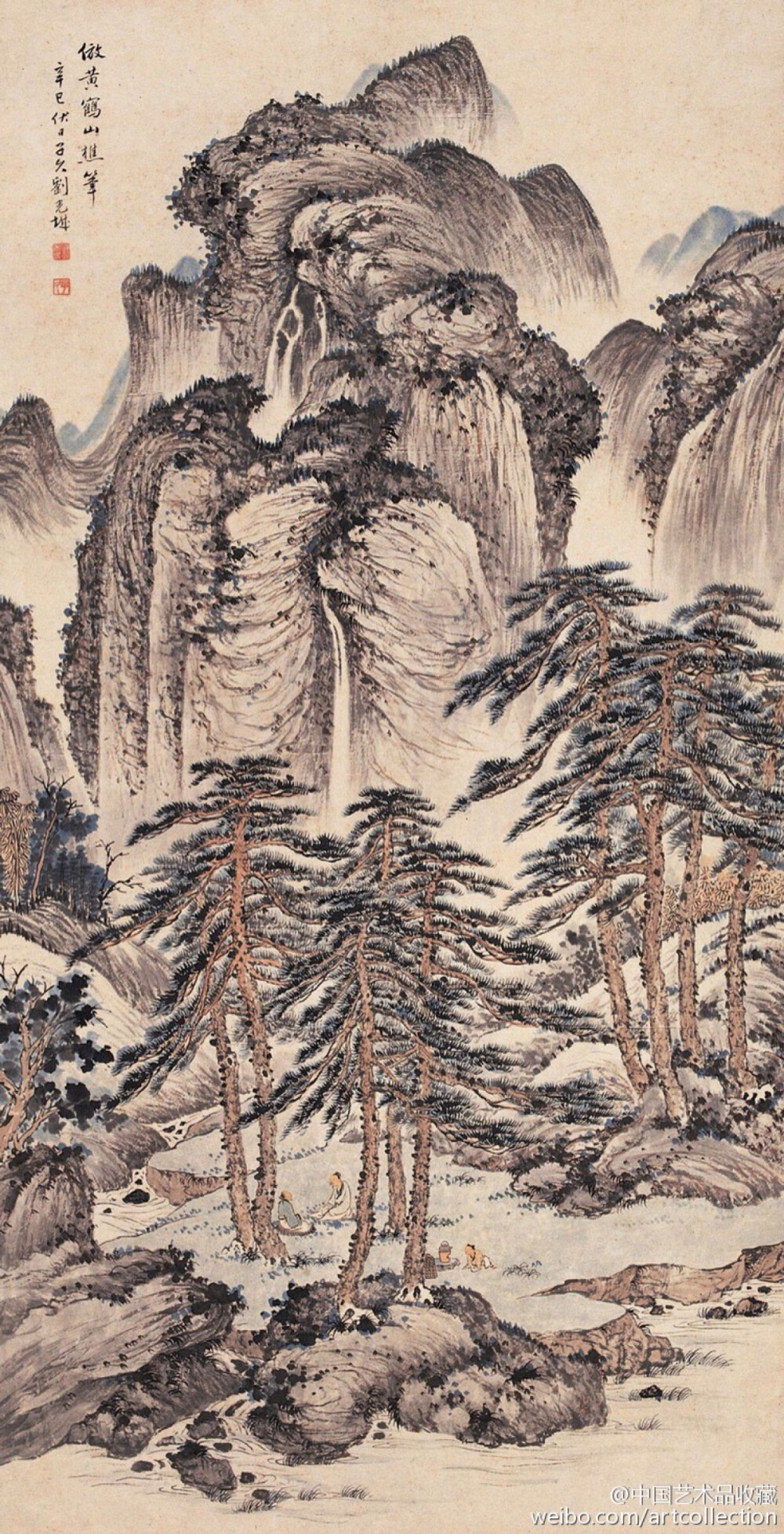 【 刘子久 《画山水》 】刘子久（1891—1975）的国画作品章法谨严，笔墨苍劲，赋色沉静。其用笔雄强稳重，源出郭熙、李唐、马远、夏皀、戴进诸家。所画山石林木茂盛苍古，盖得力于盛懋、王叔明、王石谷等人。在墨法上，刘子久兼用积墨、破墨、泼墨，浓淡干湿相得益彰，融南北二宗于一炉。