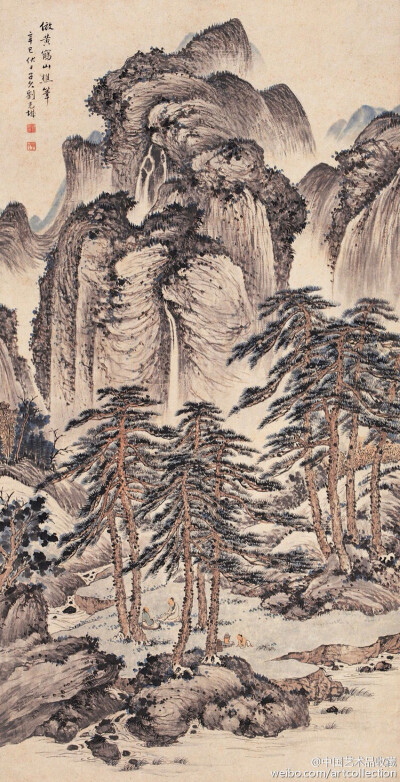 【 刘子久 《画山水》 】刘子久（1891—1975）的国画作品章法谨严，笔墨苍劲，赋色沉静。其用笔雄强稳重，源出郭熙、李唐、马远、夏皀、戴进诸家。所画山石林木茂盛苍古，盖得力于盛懋、王叔明、王石谷等人。在墨法…