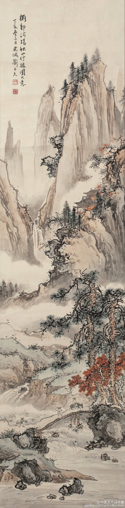 【 刘子久 《画山水》 】刘子久（1891—1975）的国画作品章法谨严，笔墨苍劲，赋色沉静。其用笔雄强稳重，源出郭熙、李唐、马远、夏皀、戴进诸家。所画山石林木茂盛苍古，盖得力于盛懋、王叔明、王石谷等人。在墨法…