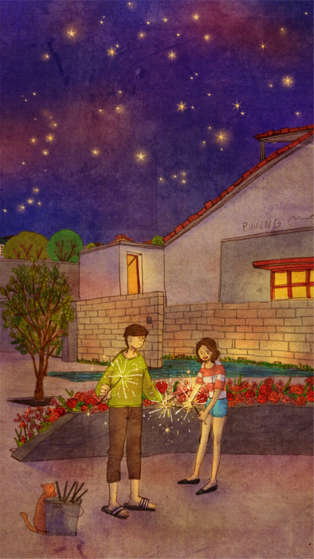 韩国插画师puuung的暖心爱情故事插画 壁纸 더운 밤 (Hot Summer Night)Hot summer night. Let's go outside and play with fireworks. Glittering sparklers are so pretty. I wonder which one will go out first? I wish all of them would last forever. I wish this moment in time would last forever.