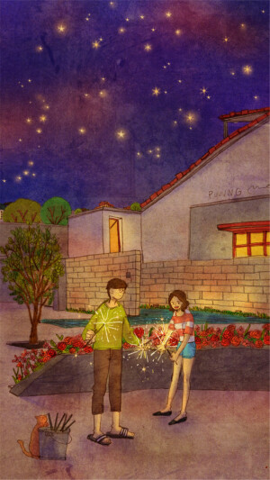 韩国插画师puuung的暖心爱情故事插画 壁纸 더운 밤 (Hot Summer Night)Hot summer night. Let's go outside and play with fireworks.  Glittering sparklers are so pretty. I wonder which one will go out first?  I wish all of them would last forever. I wish this moment in time would last forever.