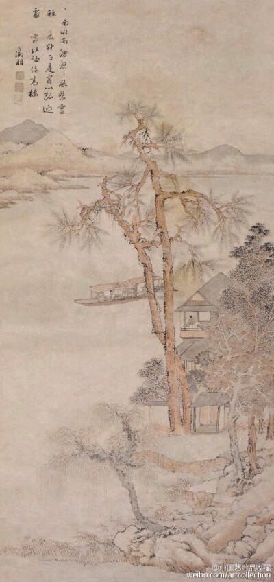 【 明 文徵明 《江湖泛舟图》 】立轴，纸本设色，108×51cm。 此幅作品刻画较繁，为全景布局，重山峦回，层峦叠嶂，山复水环，境界深幽，景物繁密，高远取景，并以细密繁复的点线组成，施以淡墨淡彩，作到深厚滋华的…