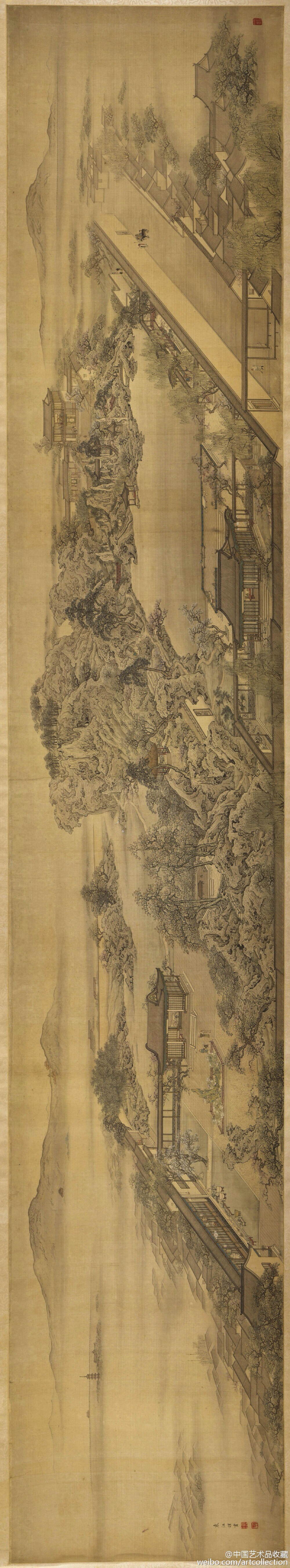 【 清 袁江 《别苑观览图》 】卷，绢本设色，52.1×295cm，美国大都会艺术博物馆藏。 在清康熙、雍正、乾隆时期，楼阁工整山水当以袁江最有名。袁江将雄伟壮阔的山色与富丽堂皇的楼阁，很好地融为一体，既精细入微，又气势磅礴，有力地提高了“界画”的表现能力，被推为清代“界画”第一。