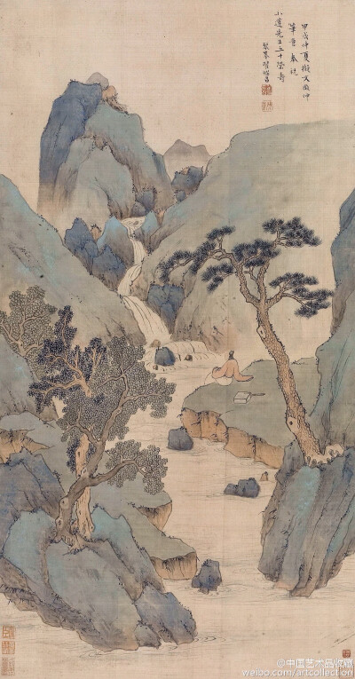 【 清 翟继昌 《松下听泉图》 】轴，绢本设色，84×44cm，1814年作。款识：“甲戌仲夏，拟文征仲笔意，奉祝小莲先生五十荣寿。琴峰翟继昌?！?清代乾、嘉年间，有不少颇具实力的山水、花鸟画家，他们虽未创宗立派，却…