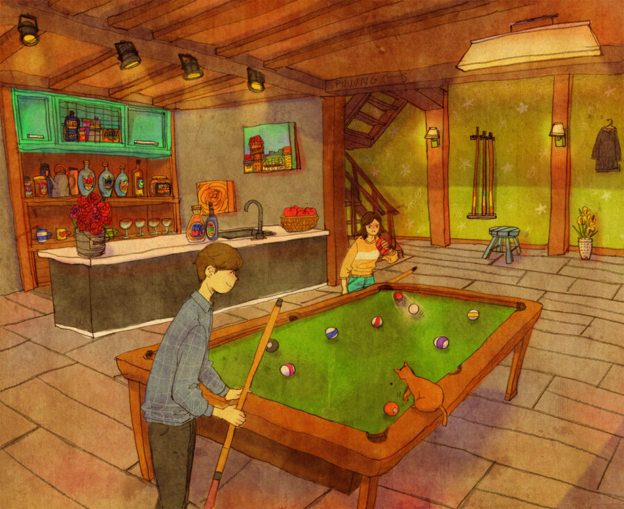 韩国插画师puuung的暖心爱情故事插画 壁纸 연인, 당구, 왕초보 Playing a game of pool. Who cares if we're both beginners? The loser has to go buy chicken. And the winner is…?!