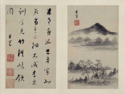  董其昌---是明代著名的书画大家，董其昌《山水画册》为其中年山水精品，现藏北京故宫博物院，共十开，每开品评前代大师，仿其笔意，用书法作画，尤以其擅长的行书笔意融于画中，深得各家精髓，出入各家画法，自在无…