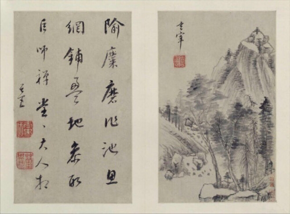  董其昌---是明代著名的书画大家，董其昌《山水画册》为其中年山水精品，现藏北京故宫博物院，共十开，每开品评前代大师，仿其笔意，用书法作画，尤以其擅长的行书笔意融于画中，深得各家精髓，出入各家画法，自在无碍。笔墨松秀含蓄，灵逸潇洒，富有韵味。意境萧闲冲淡，幽远静美。 第九开，本幅钤“董其昌”等印。对开自题：“隃麋磨作池，鱼网铺盈地。参形巨师禅，堂堂大人相。其昌。”钤“太史氏”、“董其昌”等印。