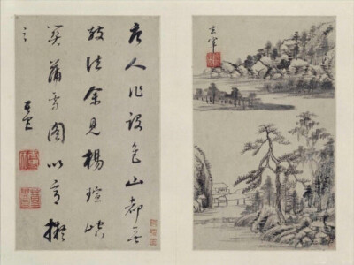  董其昌---是明代著名的书画大家，董其昌《山水画册》为其中年山水精品，现藏北京故宫博物院，共十开，每开品评前代大师，仿其笔意，用书法作画，尤以其擅长的行书笔意融于画中，深得各家精髓，出入各家画法，自在无…