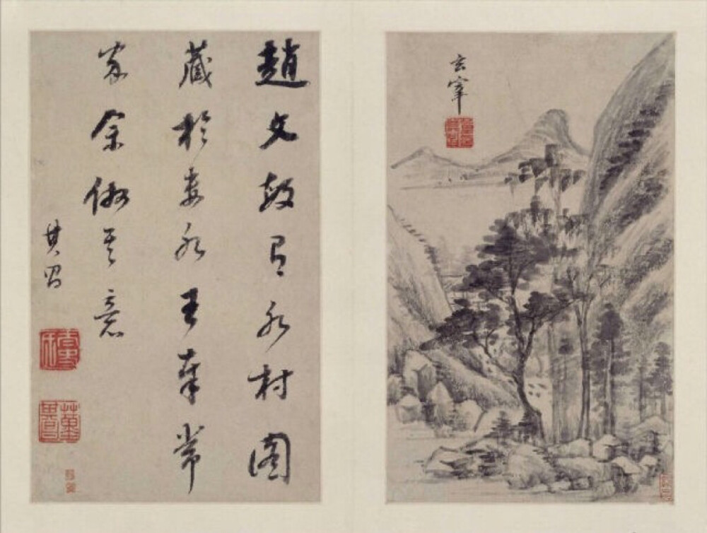  董其昌---是明代著名的书画大家，董其昌《山水画册》为其中年山水精品，现藏北京故宫博物院，共十开，每开品评前代大师，仿其笔意，用书法作画，尤以其擅长的行书笔意融于画中，深得各家精髓，出入各家画法，自在无碍。笔墨松秀含蓄，灵逸潇洒，富有韵味。意境萧闲冲淡，幽远静美。 第五开，本幅钤“董其昌印”。右下角钤“妙品”。对开自题：“赵文敏有《水村图》藏于娄水王奉常家，余仿其意。其昌。”钤“太史氏”、“董其昌”等印。