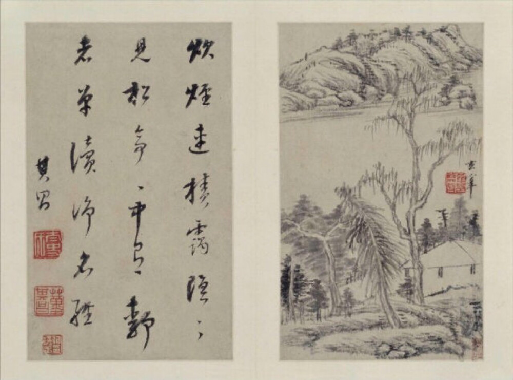  董其昌---是明代著名的书画大家，董其昌《山水画册》为其中年山水精品，现藏北京故宫博物院，共十开，每开品评前代大师，仿其笔意，用书法作画，尤以其擅长的行书笔意融于画中，深得各家精髓，出入各家画法，自在无碍。笔墨松秀含蓄，灵逸潇洒，富有韵味。意境萧闲冲淡，幽远静美。 第二开，本幅钤“董其昌印”。右下角钤“妙品”。对开自题：“炊烟连积霭，隐隐见松亭。亭中有静者，单渎净名经。其昌。”钤“太史氏”、“董其昌”等印。