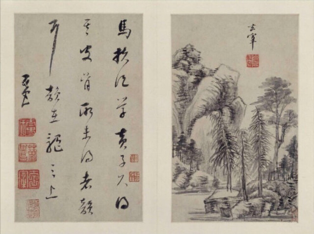  董其昌---是明代著名的书画大家，董其昌《山水画册》为其中年山水精品，现藏北京故宫博物院，共十开，每开品评前代大师，仿其笔意，用书法作画，尤以其擅长的行书笔意融于画中，深得各家精髓，出入各家画法，自在无碍。笔墨松秀含蓄，灵逸潇洒，富有韵味。意境萧闲冲淡，幽远静美。 第一开，本幅钤“董其昌印”。右下角钤“妙品”。对开自题：“马扶风学黄子久得其皮骨，所未得者韵耳，韵在髓之上。其昌。”钤“太史氏”、“董其昌”、“玄宰”等印。