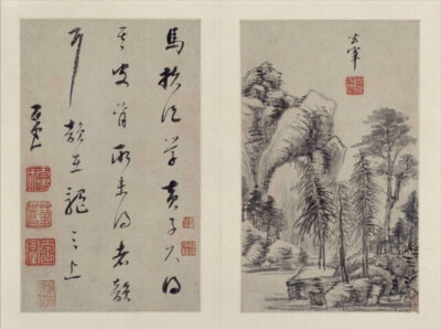  董其昌---是明代著名的书画大家，董其昌《山水画册》为其中年山水精品，现藏北京故宫博物院，共十开，每开品评前代大师，仿其笔意，用书法作画，尤以其擅长的行书笔意融于画中，深得各家精髓，出入各家画法，自在无…