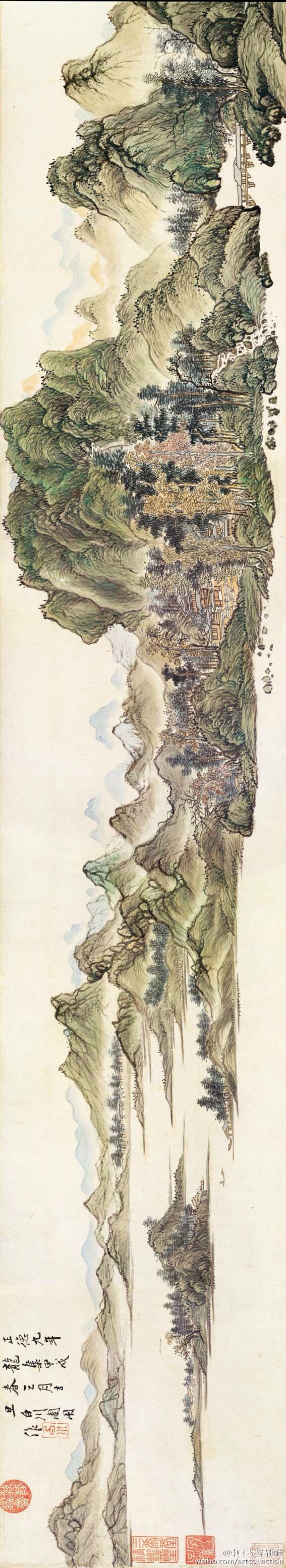 【 明 白川 《溪山烟霭图》 】卷，纸本设色，58×318cm，台北故宫博物院藏。描绘起伏的土冈、岩坡，和绿树、流水，红桥，远景是隐隐青山。画上大片留白，使境界更为空旷寂静。另外在江中画一老翁在船头独立，似乎感到“山空无人”，从而流露出作者春暮感伤的寂寞之情。