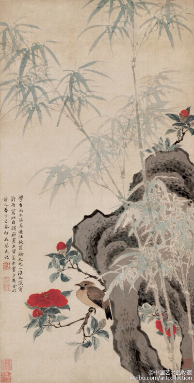 【 清 王武 《花竹栖禽图》】立轴，绢本设色，90.7×40.5cm，北京故宫博物院藏。该画右下部画一奇古巨石，一朵盛开的牡丹从石左侧斜出，枝头一雀鸟面向花朵，鸟目圆睁，似在欣赏花的美丽，又像陶醉在花香中。石隙空洞…