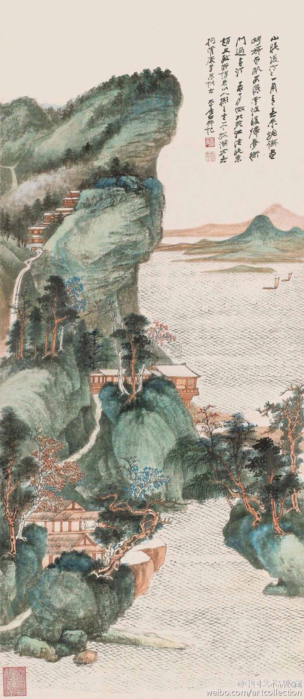 【 张大千 《画山水》 】张大千的画风，先后曾经数度改变，30岁以前的画风可谓“清新俊逸”，50岁进于“瑰丽雄奇”，60岁以后达“苍深渊穆”之境，80岁后气质淳化，笔简墨淡，其独创泼墨山水，奇伟瑰丽，与天地融合。增强了意境的感染力和画幅的整体效果。