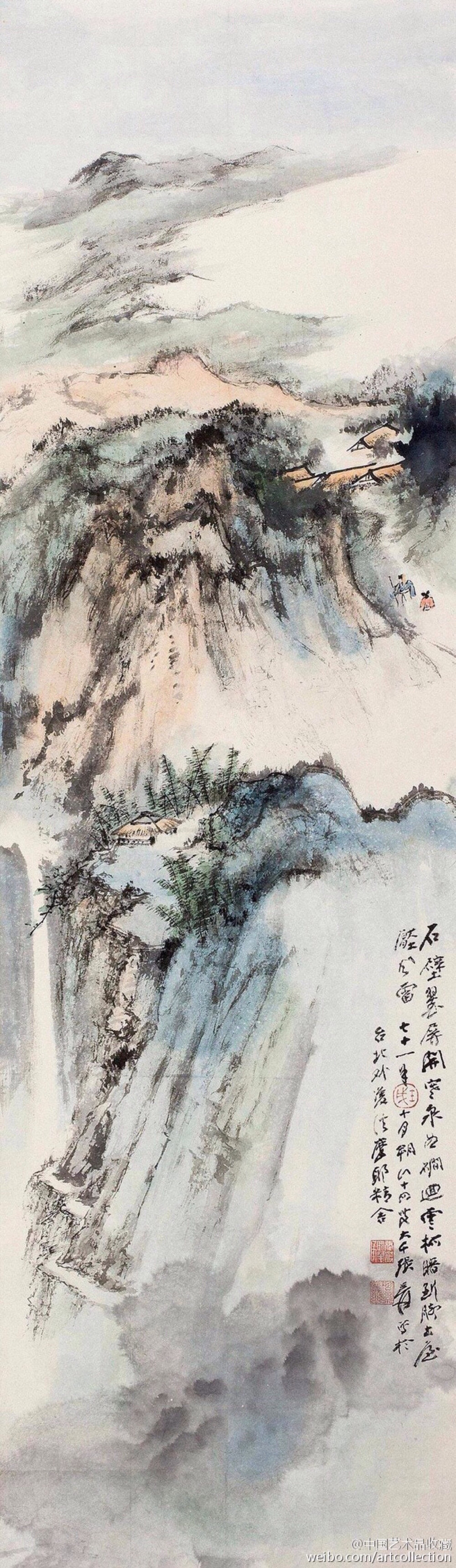 【 张大千 《画山水》 】张大千的画风，先后曾经数度改变，30岁以前的画风可谓“清新俊逸”，50岁进于“瑰丽雄奇”，60岁以后达“苍深渊穆”之境，80岁后气质淳化，笔简墨淡，其独创泼墨山水，奇伟瑰丽，与天地融合。增强了意境的感染力和画幅的整体效果。