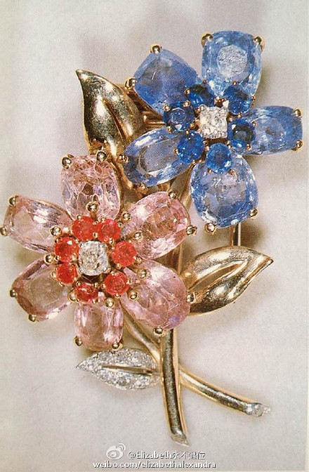 这枚花型胸针是1945年乔治六世夫妇送给女王的19岁生日礼物~出自于卡地亚~上面共有两朵分别用粉红色蓝宝石和蓝色蓝宝石制成的小花~粉色的中心围绕着红宝石和钻石~蓝色的中心则是蓝宝石和钻石~茎和叶包含了黄金&amp;amp;钻石~很漂亮的一枚胸针可惜女王不咋戴啊~