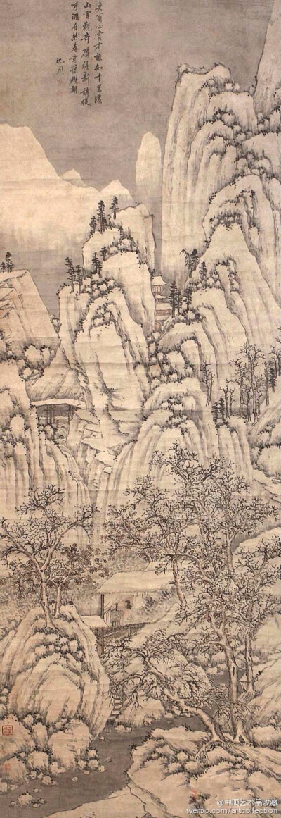 【 明 沈周 《雪景图》 】轴，纸本设色，290×97cm。 题识：“老翁心赏有谁知，十里溪山雪观奇，赓得新诗复呼酒，自然春意蔼襟期。沈周。”