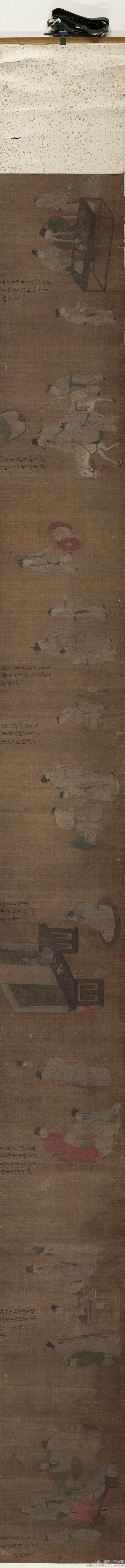 【 明-清 佚名 《酒中八仙图》 】卷，绢本设色，233.7×21.6cm，美国大都会艺术博物馆藏。 图中醉八仙为：李白、贺知章、李适之、汝阳王李进、崔宗之、苏晋、张旭、焦遂。